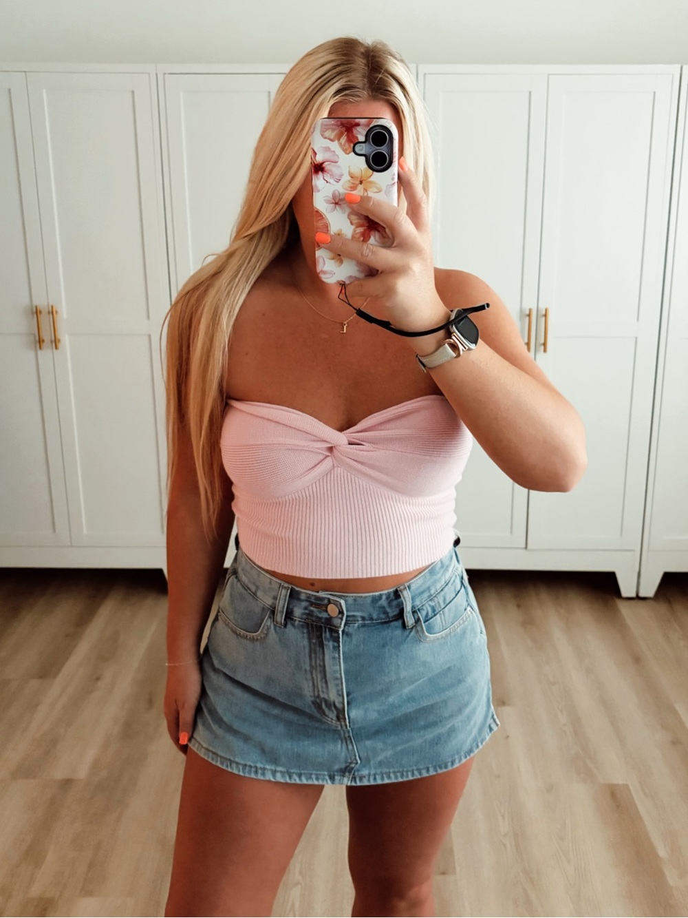 Pink Twist-Front Ribbed Strapless Crop Top